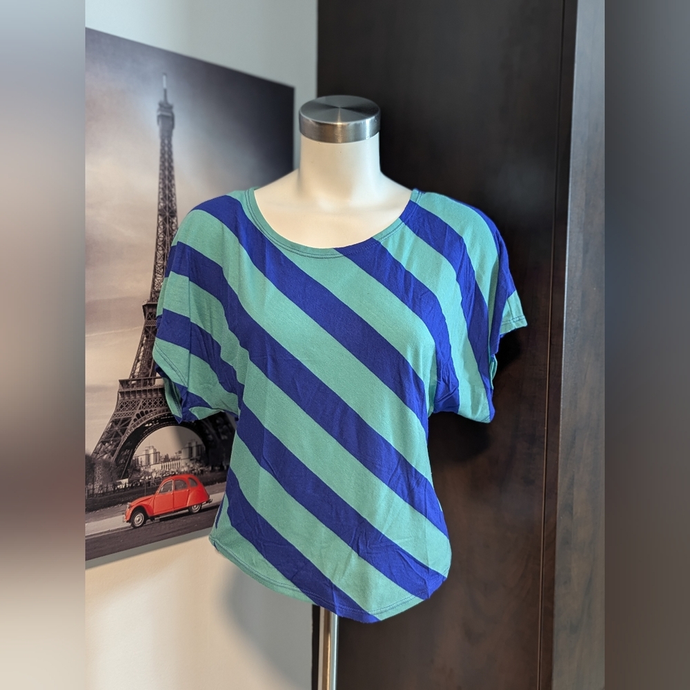 Blue and Green Striped Women's Short Sleeve Top